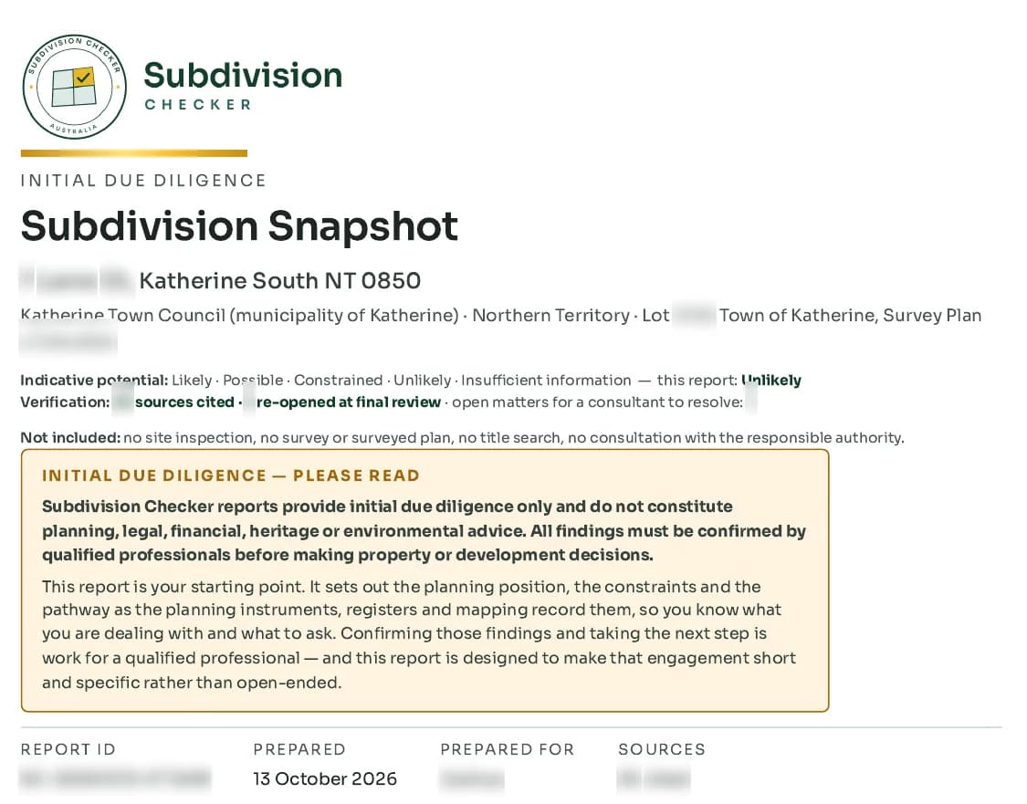 Subdivision Snapshot cover for a block in Katherine South NT: indicative potential Unlikely, address and lot details blurred