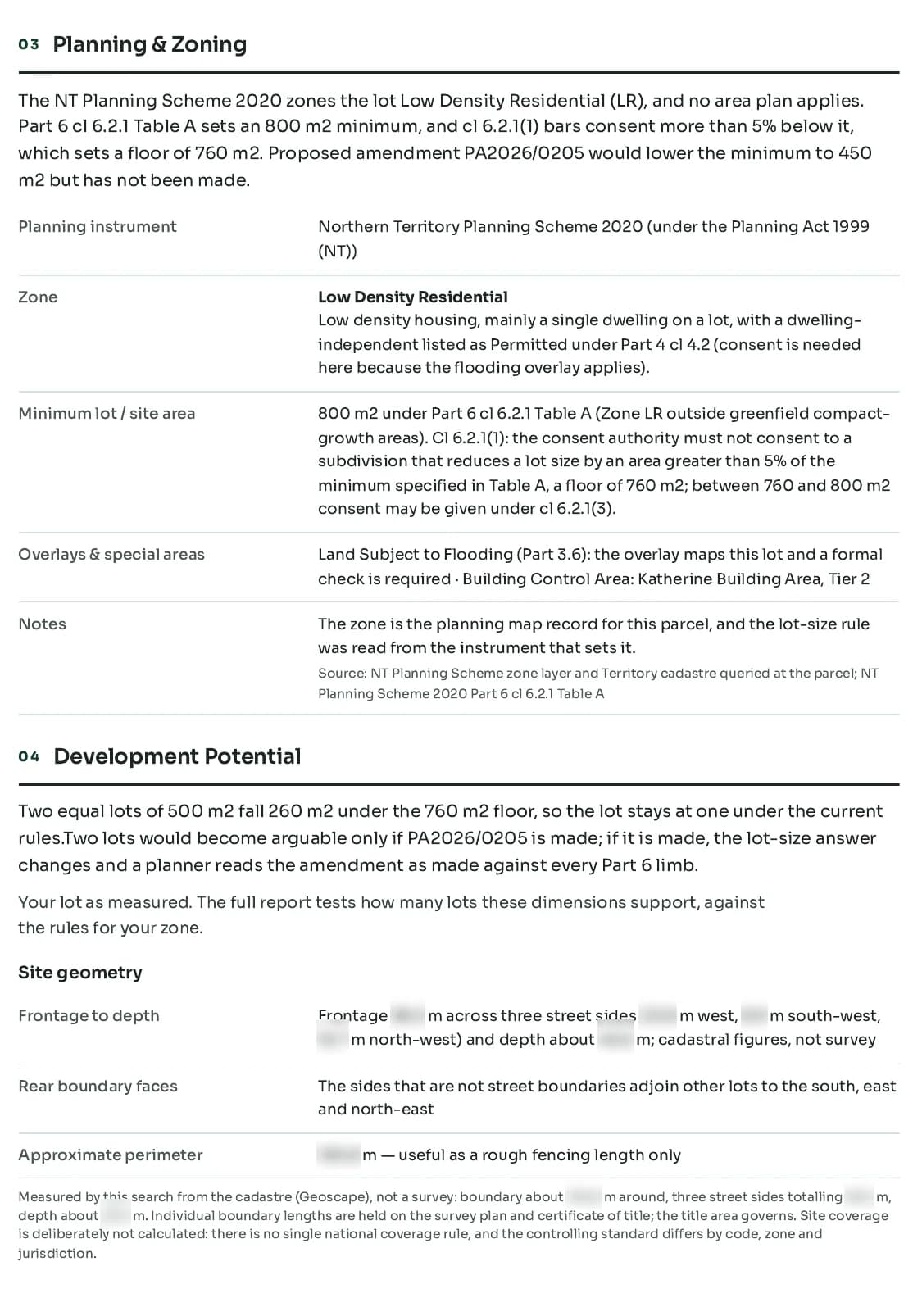 Subdivision Snapshot planning and zoning page: Low Density Residential zone, 800 m² minimum lot size and the development potential, with measured figures blurred